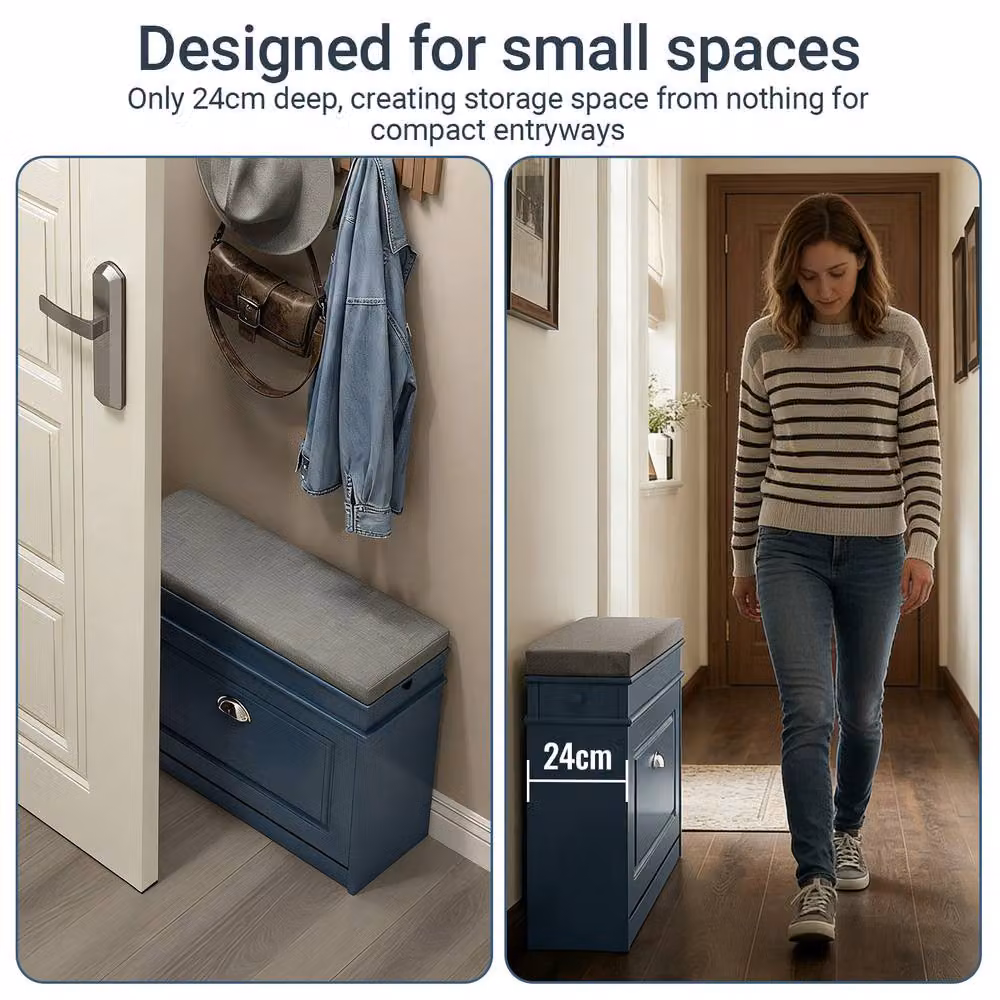 SoBuy Slim Entrance Shoe Cabinet with Flip-Down Storage in Dark Blue – 3