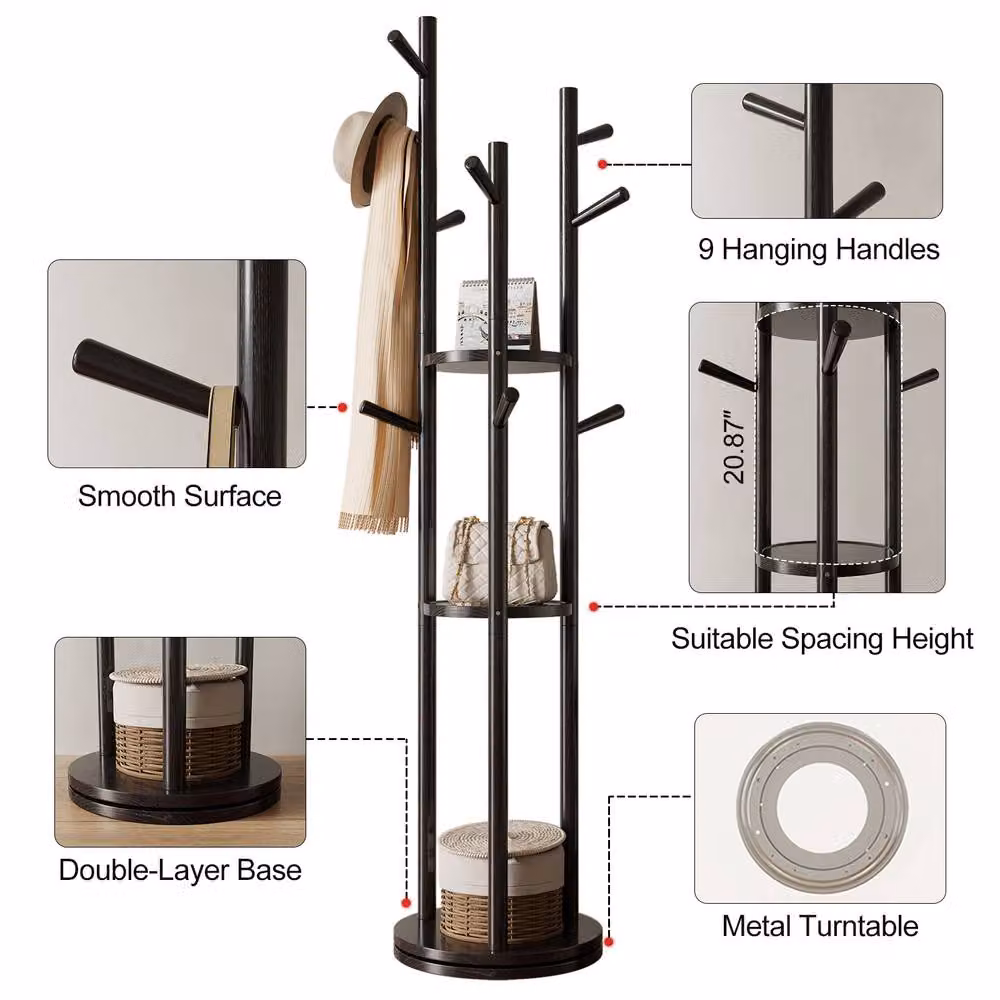 YQJJGL Black Solid Wood Freestanding Coat Rack with 3 Storage Shelves and Hooks, H 164 x W 40 x D 40 cm – 4