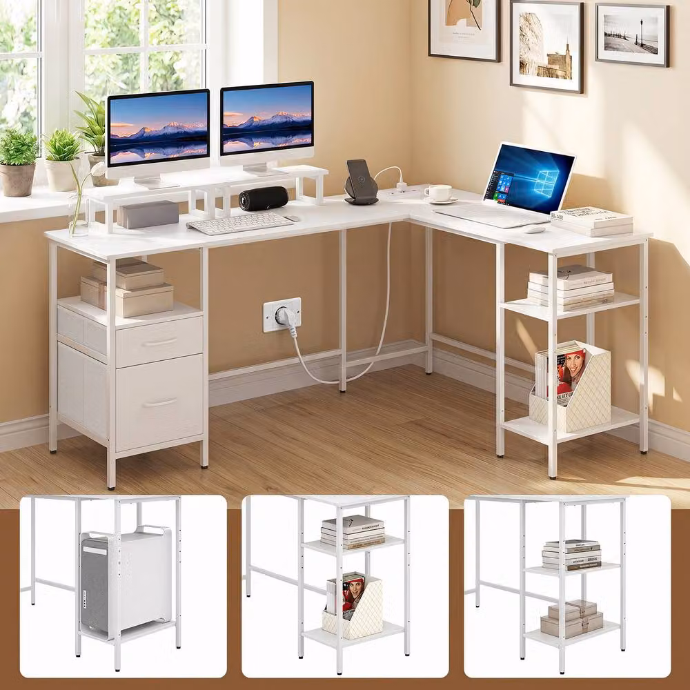 Costway L-shaped Reversible Corner Desk with Power Outlets in White – 4