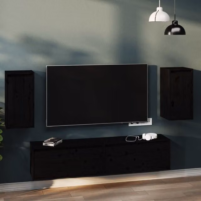 Berkfield Home Set of 2 Black Solid Wood Pine Wall Cabinets, W/D/H: 30 x 30 x 60 cm