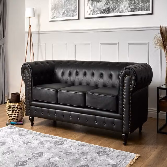 Bravich LTD Chesterfield 3-Seater Sofa in Black Synthetic Leather – 1