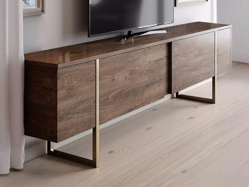 Vente-unique ZIRELDA Modern TV Unit with 2 Doors in Walnut and Gold, W: 180 cm, D: 30 cm, H: 50 cm – 3
