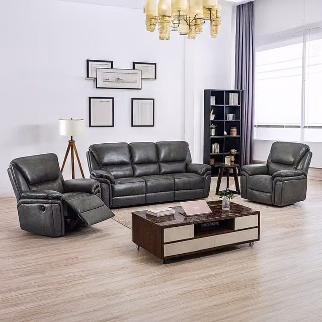 Furnishings For Less UK Boston Grey Leather 3 Piece Sofa Suite with Manual Reclining Armchairs and Static 3 Seater Sofa – 1