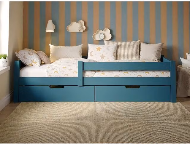 Flair Milo Single Bed with Storage Drawers in Blue and White, Solid Pine Wood, 90 x 200 cm