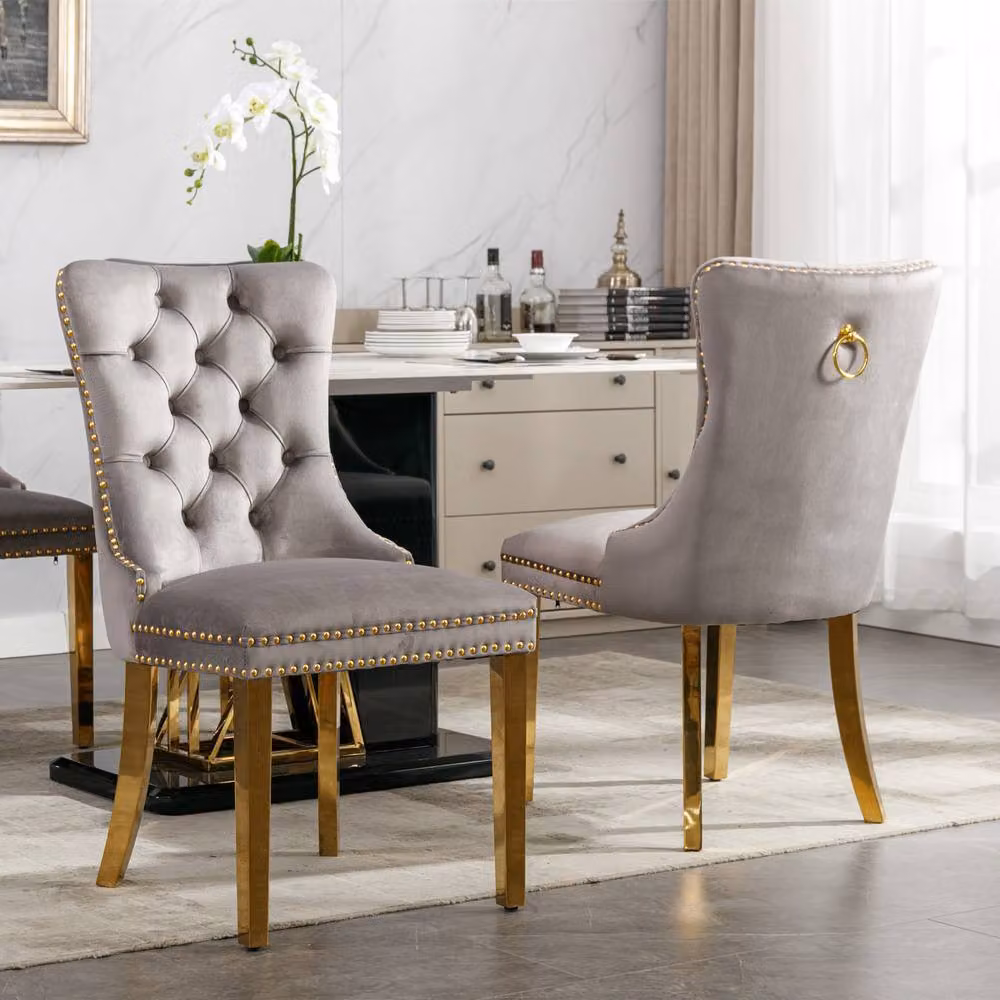HomeTouch Set of 6 Lux Velvet Dining Chairs in Grey with Gold Steel Legs – 2