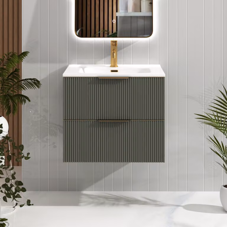 Royal Bathrooms Evora 700mm Sage Green Fluted Wall Hung Vanity Unit with 2 Drawers, Ceramic Basin and Brushed Brass Handles