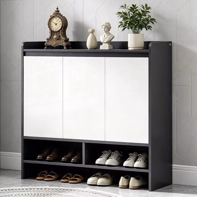 ERGOVEXA Grey and White High Gloss Shoe Cabinet with Hinged Doors and Open Shelves, Holds 19 Pairs – 1