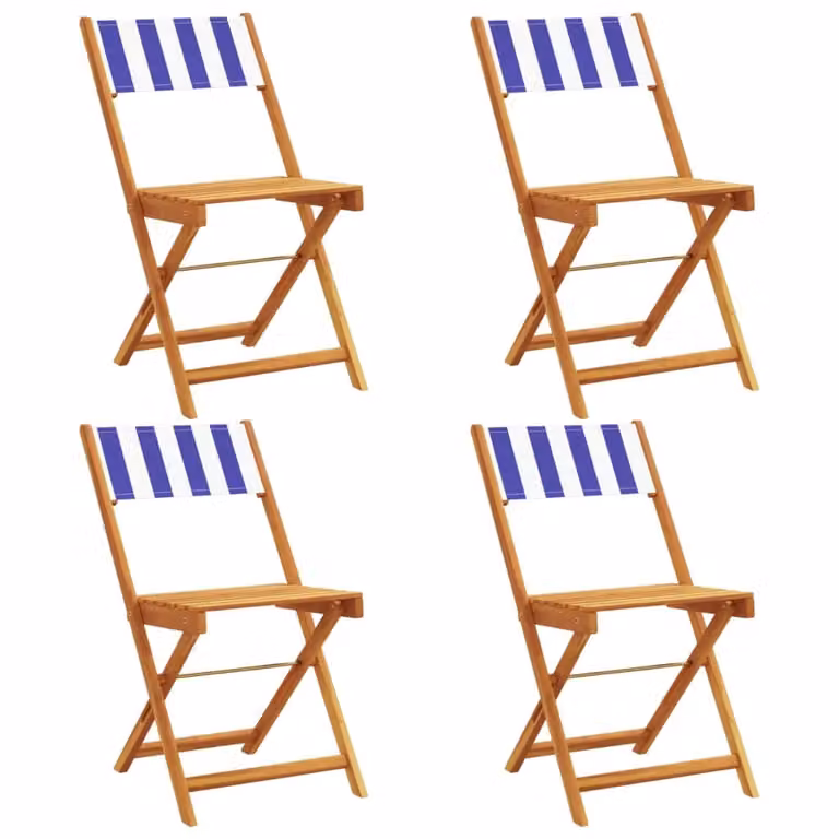 Berkfield Home Set of 4 Folding Garden Chairs in Blue and White Striped Fabric with Acacia Wood