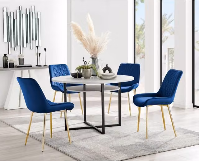 Furniturebox Adley Grey Concrete Effect Round Dining Table and 4 Navy Velvet Pesaro Gold Leg Chairs