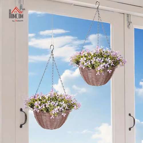 HOMCOM Set of 2 Purple Artificial Hanging Flowers in Rattan Baskets – 2