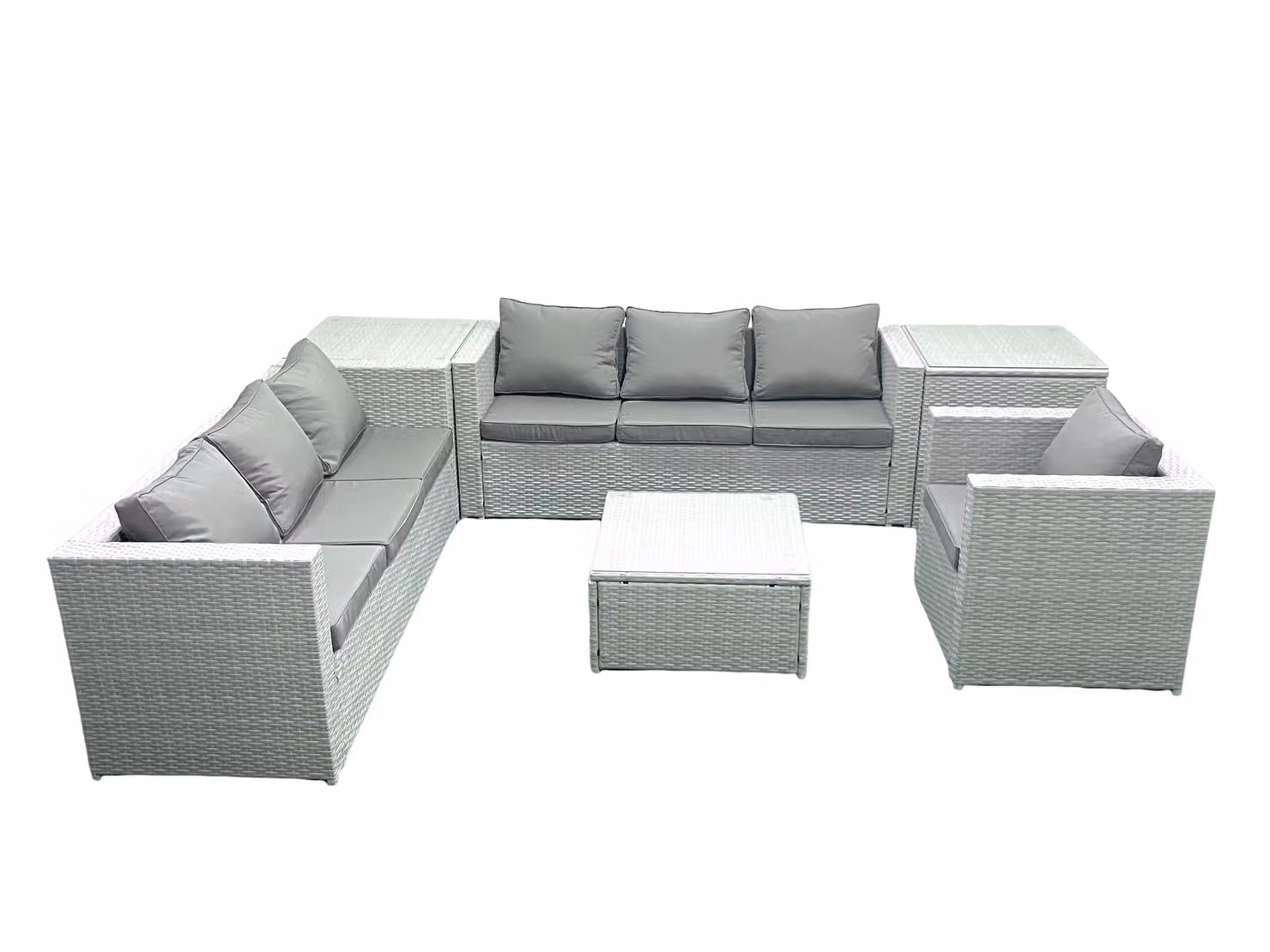 Fimous Rattan Garden Furniture Set in Light Grey with 3-Seater Sofa, Armchair, Coffee Table and 2 Side Tables – 2