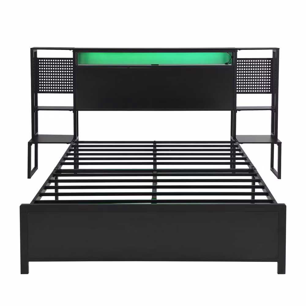 BTM Modern Metal Bed in Black with LED Under-Bed Lighting, USB Charging Ports and Side Compartments, W/D/H: 140 x 190 x 111.5 cm – 4