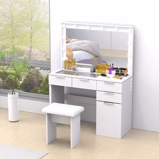 NESTLUNE Dressing Table with Hollywood LED Mirror in White, W: 100 cm, D: 15 cm, H: 140 cm