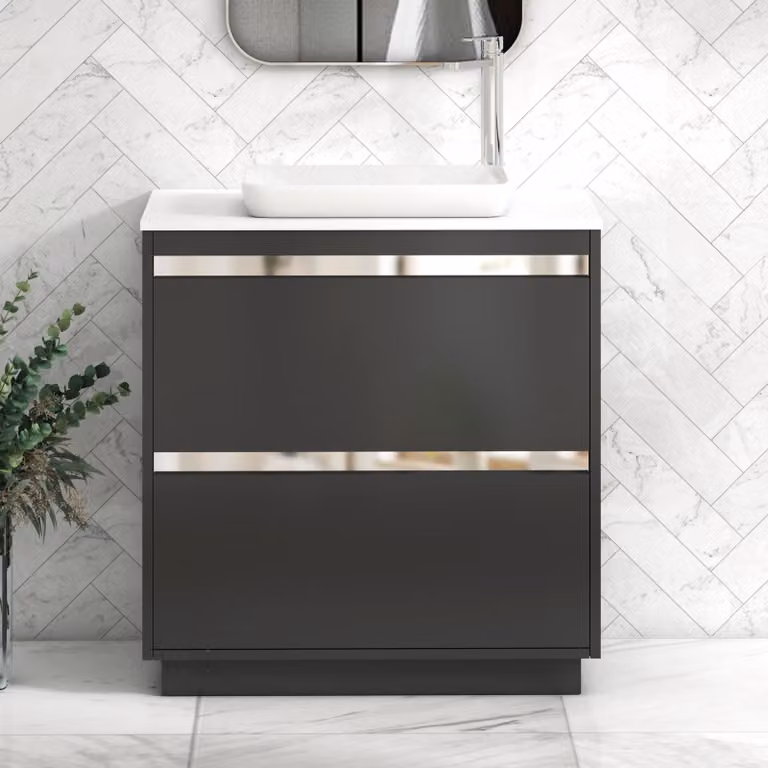 Royal Bathrooms Orion 800mm Matt Obsidian Black Floor Standing 2 Drawer Vanity Unit with Plain White Qubix Countertop Basin and Chrome Accent Trim