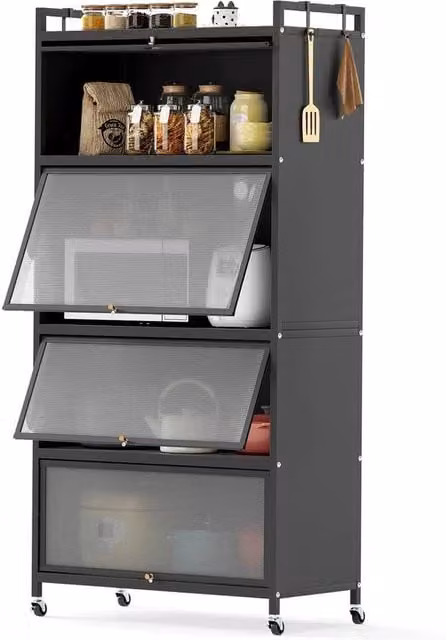VOGREX 5-Tier Black Metal Kitchen Storage Cabinet with Hinged Glass Doors and Wheels – 1