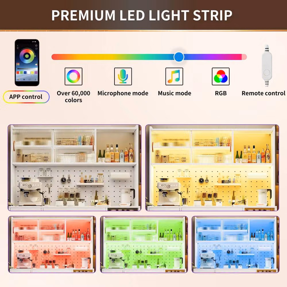 Merax Smart Kitchen Dresser Sideboard with Hutch, LED Lighting and Pegboard in White – 4