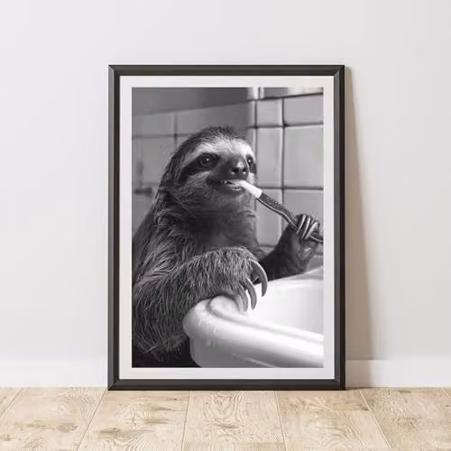 60 Second Makeover Sloth Brushing Teeth Animal Print Paper Poster, A3