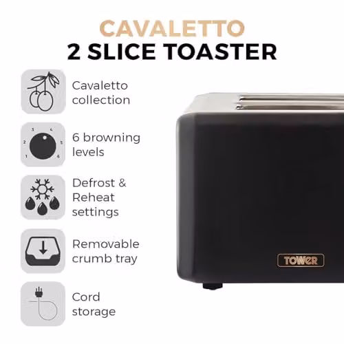 Tower Cavaletto 2-Slice Toaster, Black and Gold Stainless Steel, 850W – 2
