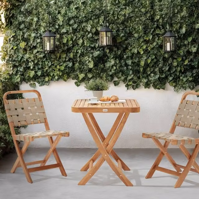 Wyld and Coco 3-Piece Folding Bistro Set in Brown Oiled Acacia Wood featuring 2 Chairs and a Tea Table – 1
