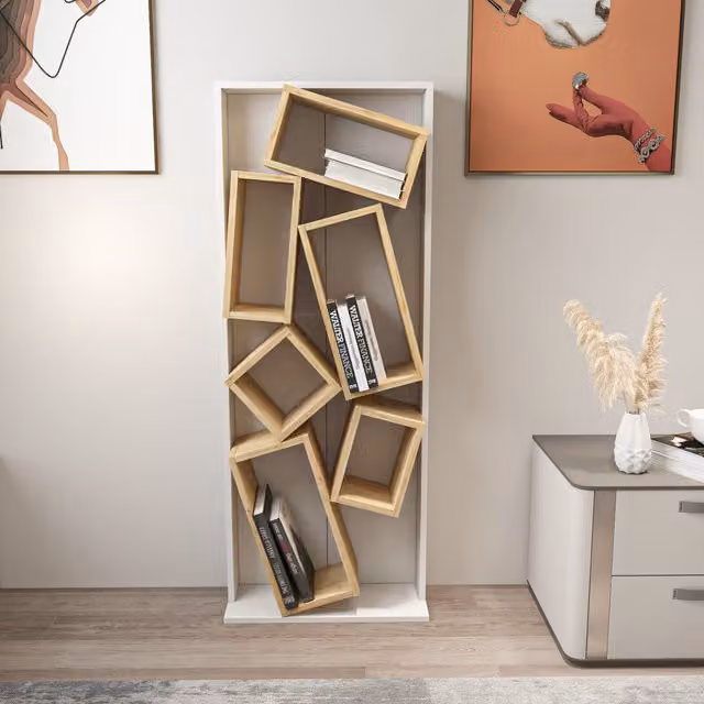 Decorotika Carmen Bookshelf in White and Oak, W/D/H: 60.0 x 24.0 x 153.6 cm