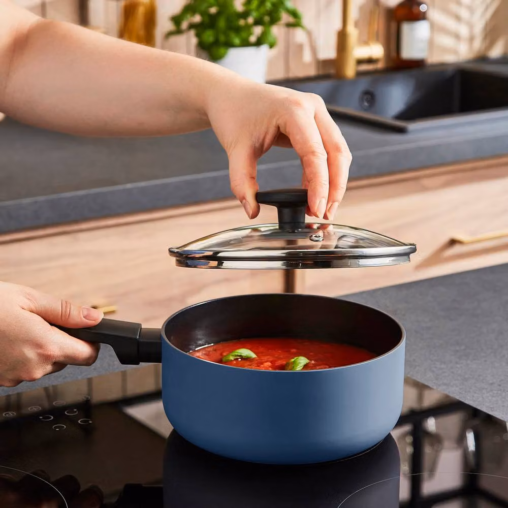 Morphy Richards 5 Piece Blue Aluminium Saucepan and Frying Pan Set with Ceramic Coating – 11