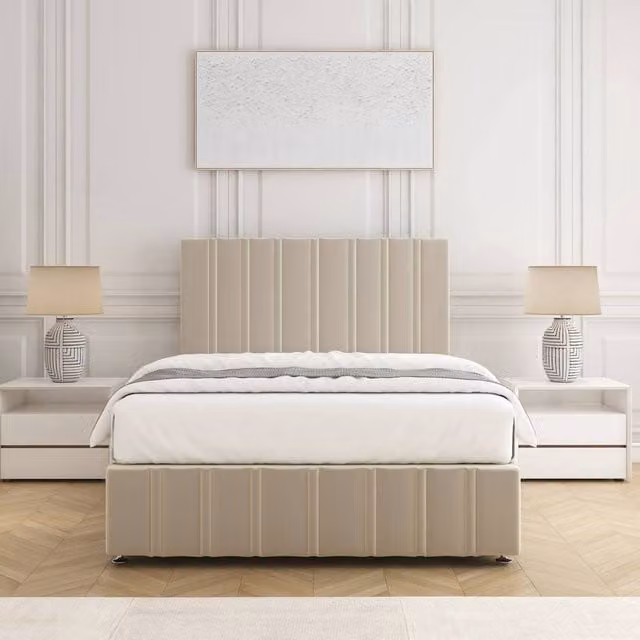 BSSPOKE Isabella Divan Bed Set with 24 inch Headboard and Mattress in Beige Plush Velvet, W/D/H: 90 x 190 cm