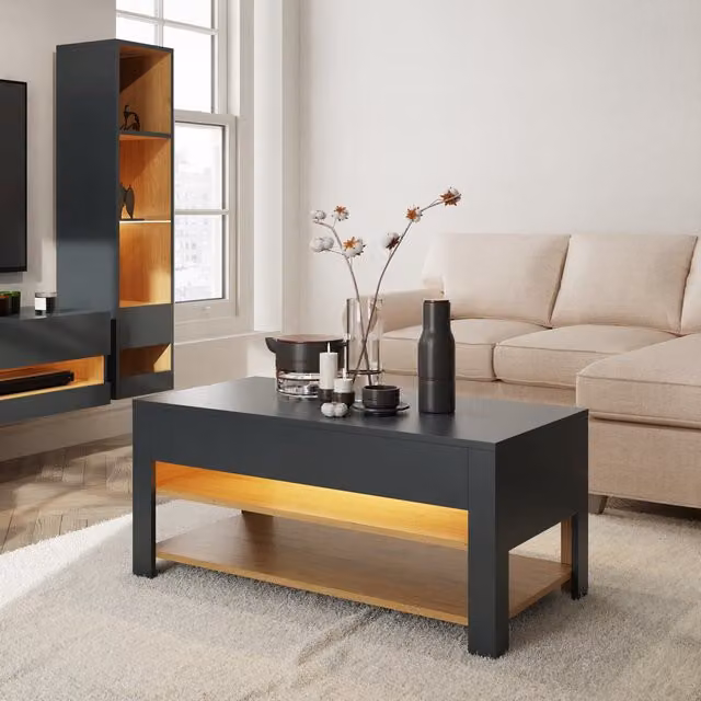 GFW Leon Modern Rectangular Coffee Table with LED in Anthracite and Oak Wood Finish