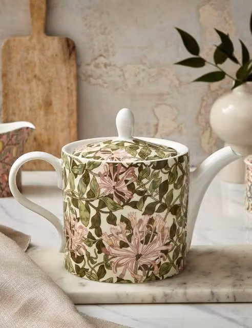 Morris & Co Honeysuckle Floral Porcelain Teapot in Pink and Multicolour