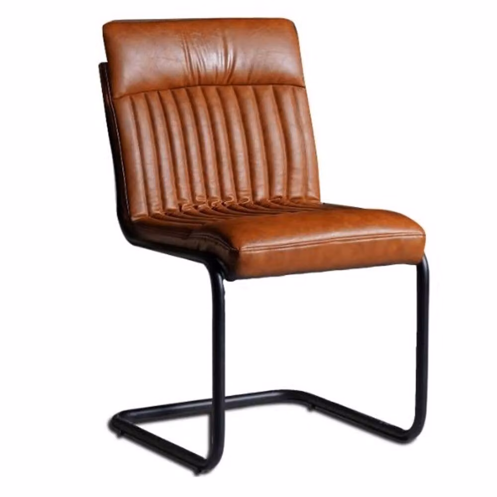 IH Design Set of 2 Modern Brown Leather Dining Chairs with Cantilever Metal Base – 2