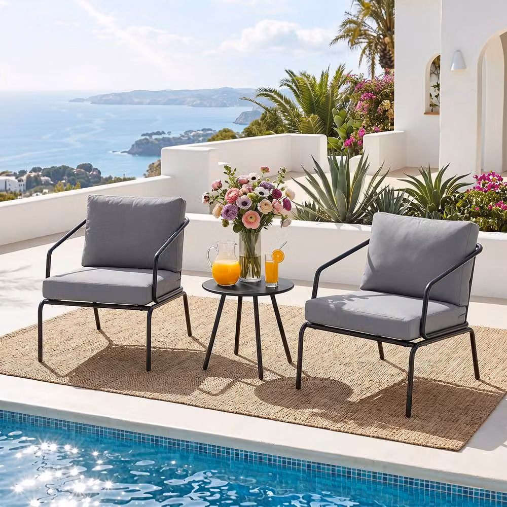 Costway 3-Piece Outdoor Bistro Set with Round Side Table and 2 Armchairs with Cushions in Grey – 4