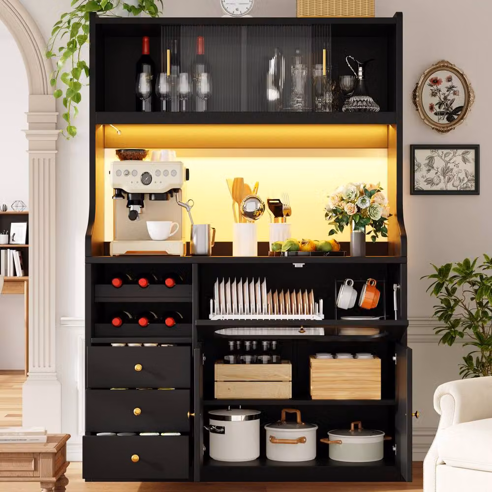 Merax Modern Black Kitchen Dresser with Integrated Lighting, Wine Rack and Glass Sliding Doors, H: 180 cm x W: 61 cm x D: 40 cm – 2