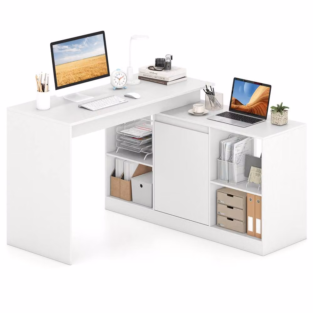 Costway L-shaped Wooden Computer Desk, Reversible Corner Writing Desk in White – 2