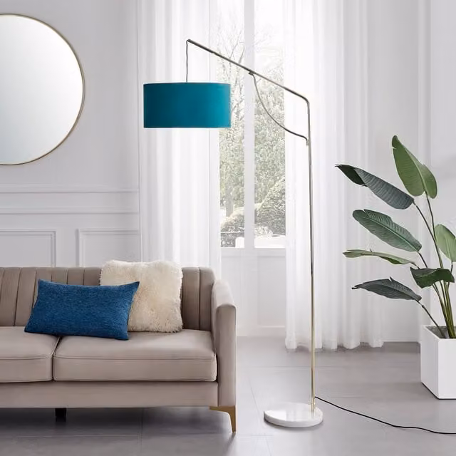 FurnitureboxUK Danielle Art Deco Arc Floor Lamp with Teal Velvet Shade, Brass Plate and Gold Marble Base – 1