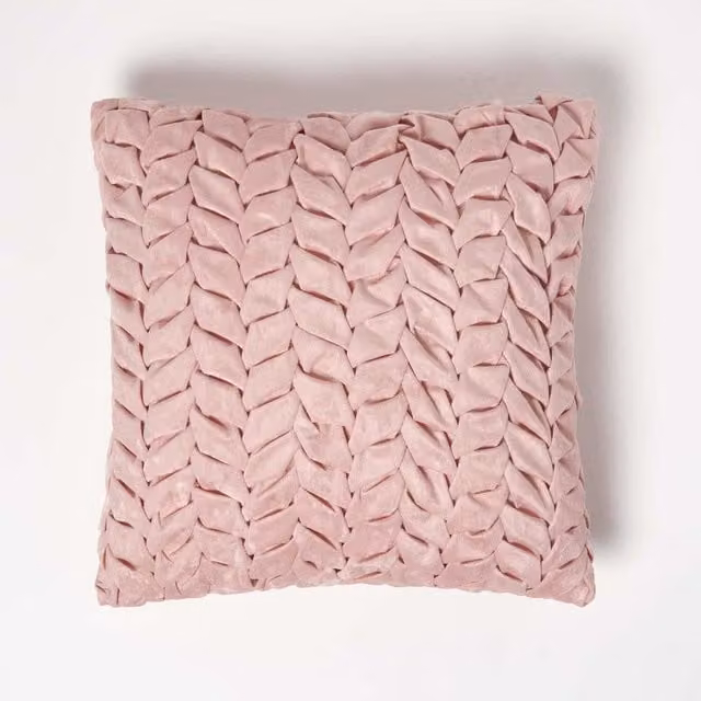 Homescapes Grace Pleated Pink Velvet Square Cushion, Dusk Pink, W/D/H: 45 x 45 x 45 cm