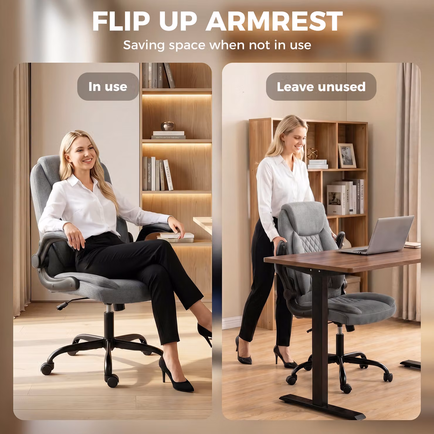 HOMCOM Grey Linen-Look Executive Office Chair with Flip-Up Armrests and Thick Cushion – 6