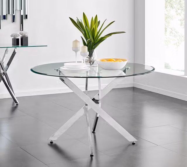 FurnitureboxUK Novara Round Glass Dining Table and 4 Milan Chairs Set in Chrome and Cappuccino Beige