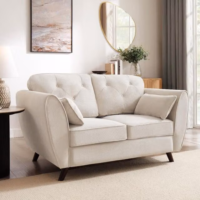 Mona 2-Seater Chesterfield Sofa in Beige Linen Fabric with Scatter Cushions