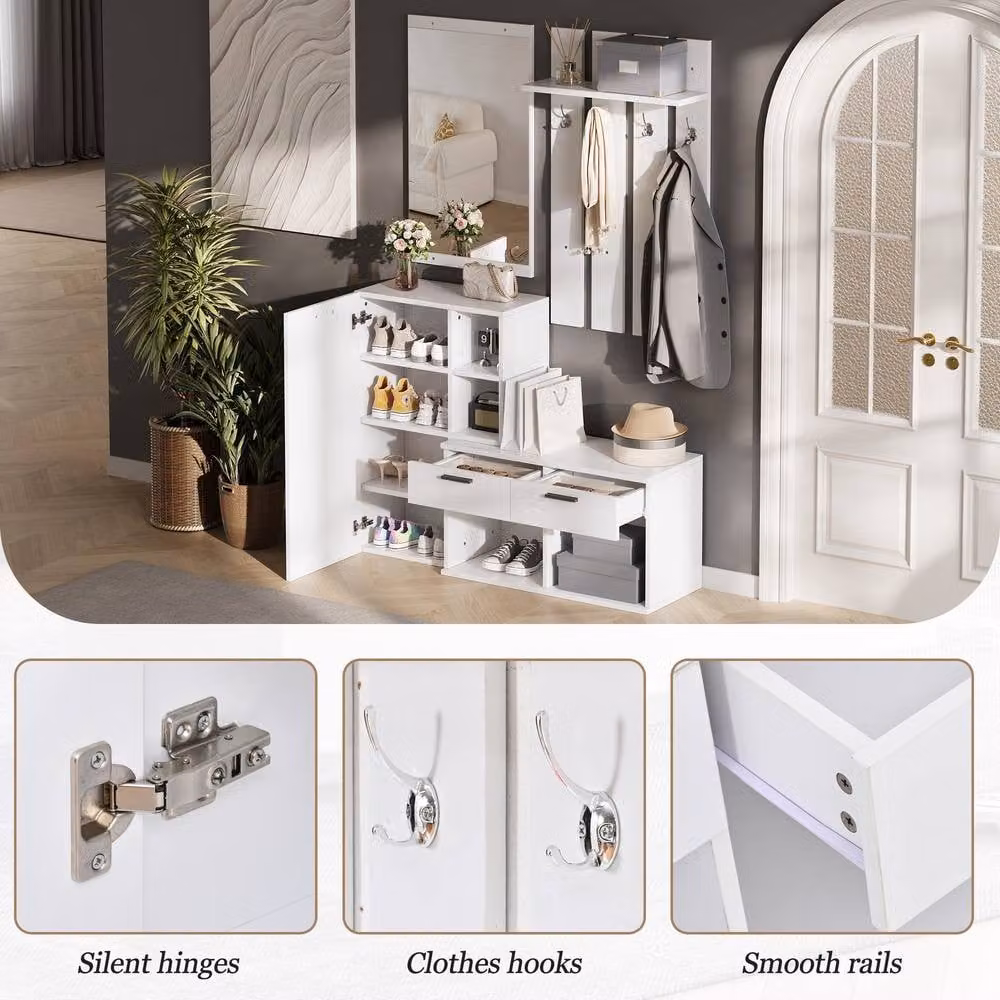 Merax Modern White Hallway Furniture Set with Mirror and Shoe Cabinet, H 175.5 x W 120 x D 35 cm – 4