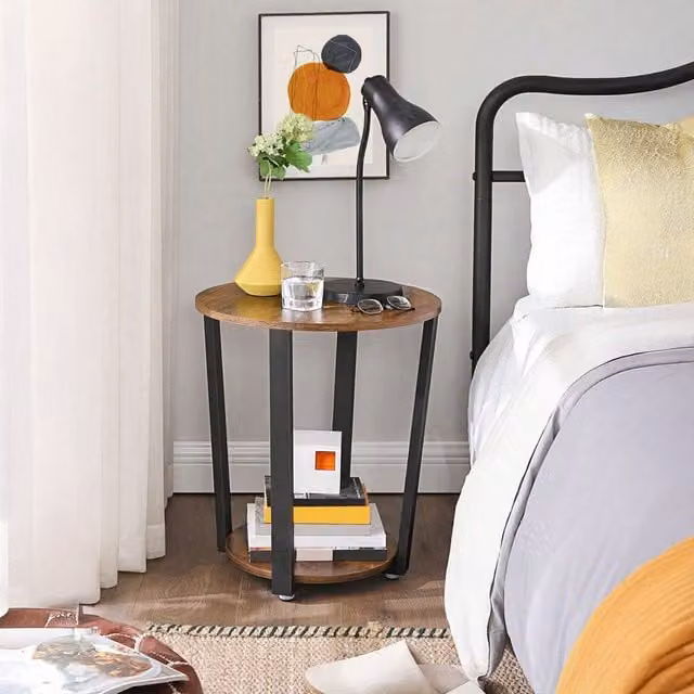 VASAGLE Round Industrial Side Table with Steel Frame and Wood Top in Brown and Black