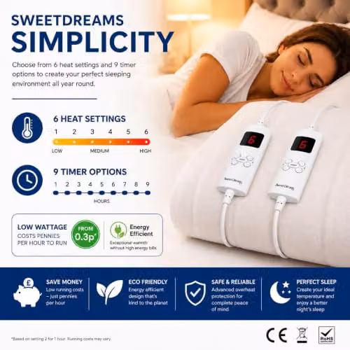 Sweet Dreams Double Electric Heated Mattress Cover with Dual Controls and Elasticated Skirt, W: 137 cm, D: 193 cm, H: 40 cm, White – 3
