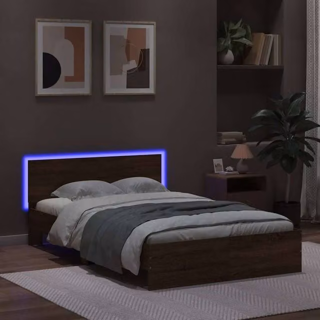 Berkfield Home Modern Bed Frame with Headboard and LED Under-Bed Lighting in Brown Oak, W/D/H: 140 x 190 x 70 cm – 1