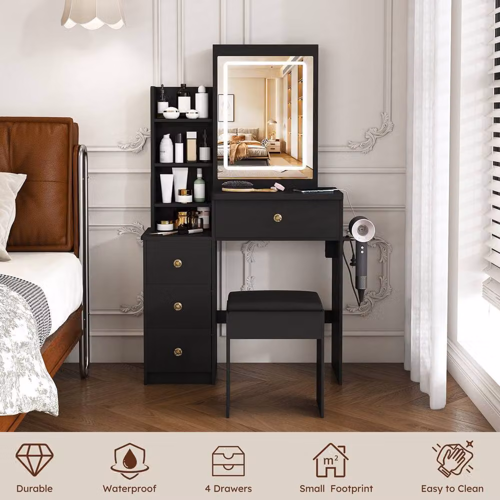 Rolipo Modern Black Makeup Vanity Desk with Hollywood LED Mirror and 4 Drawers – 2