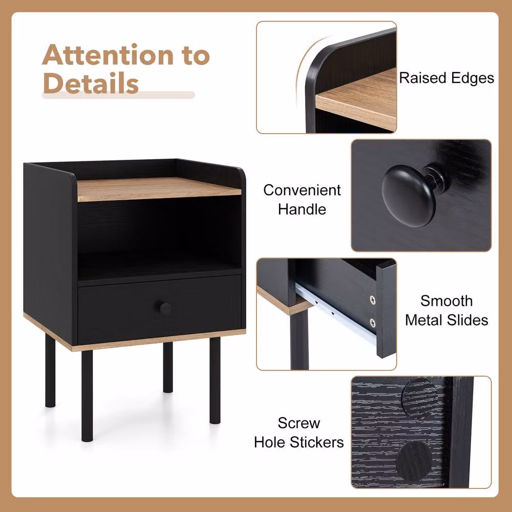 Gymax Modern Black Nightstand Bedside Table with Open Storage Shelf and Drawer – 4