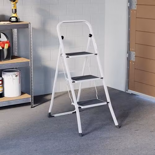 Home Vida 3 Step Heavy Duty Steel Folding Ladder with Anti-Slip Rubber Feet, White, H: 105 cm, W: 46 cm – 5