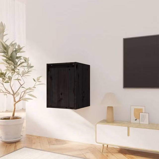 Berkfield Home Set of 2 Black Solid Wood Pine Wall Mounted Cabinets, W/D/H: 30 x 30 x 40 cm