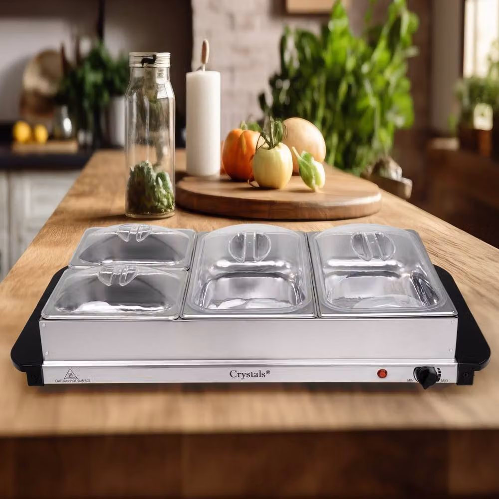 Crystals Electric Buffet Server with 4 Trays and Adjustable Temperature in Silver – 4