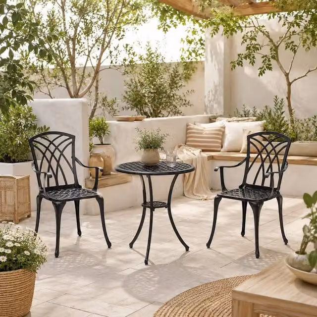 Wyld Haus Haloco 3 Piece Bistro Set in Bronze Tone Cast Aluminium with 2 Armchairs – 1