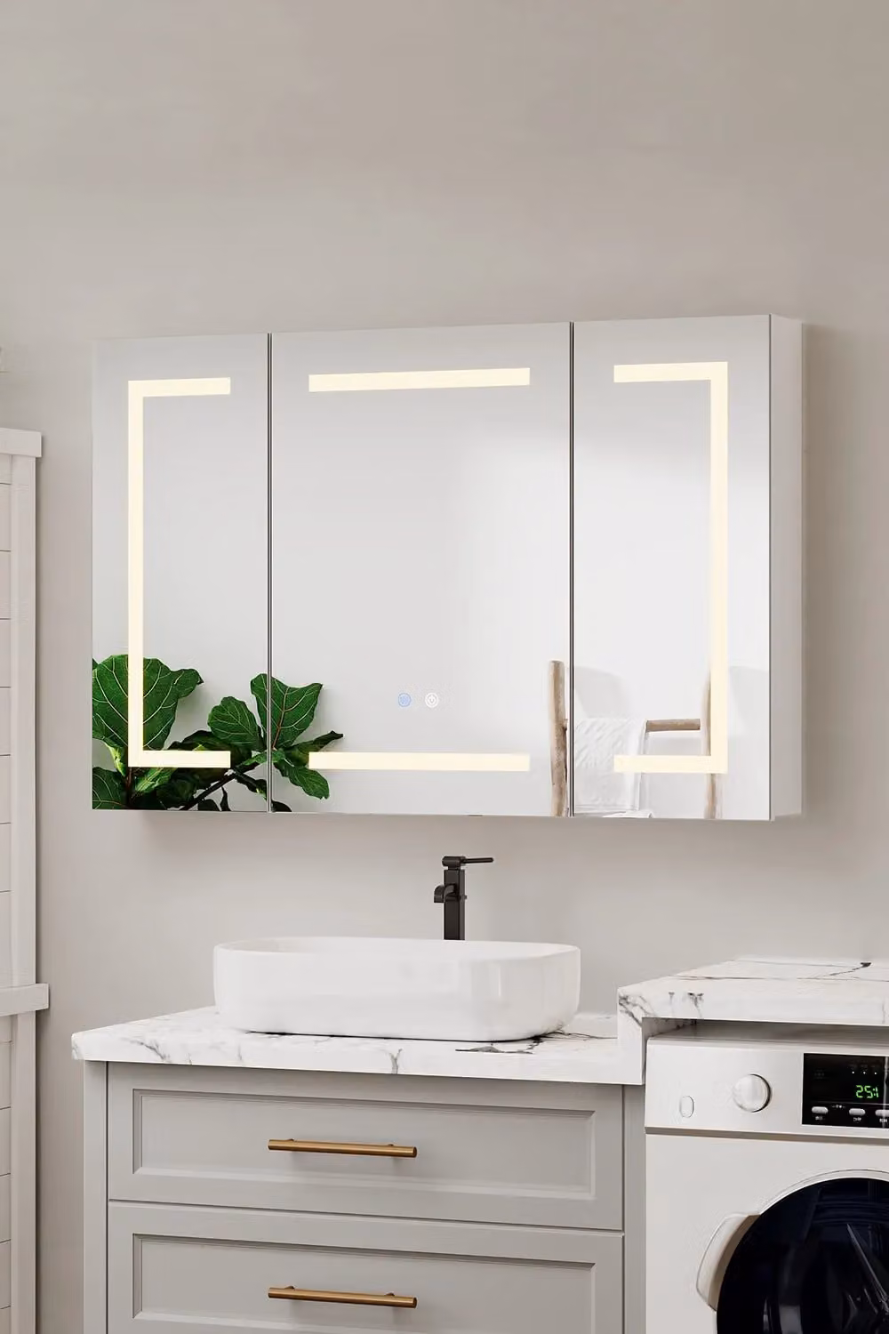 Living and Home Triple-Door Bathroom Mirror Cabinet with LED Lighting and Anti-Fog Function in Silver – 1