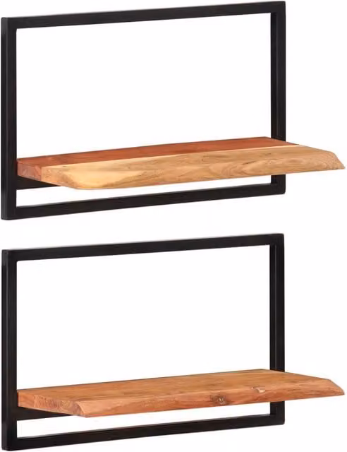 Berkfield Home Set of 2 Industrial Wall Mounted Shelves in Brown Acacia Wood and Steel, W: 60 cm, D: 25 cm, H: 35 cm