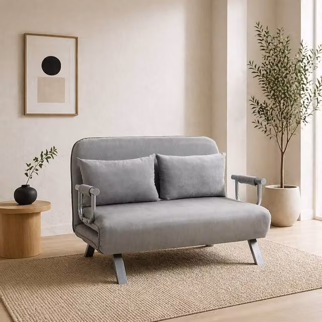 Wyld Haus Nilara 2 Seater Click Clack Sofa Bed in Light Grey Faux Suede – 1